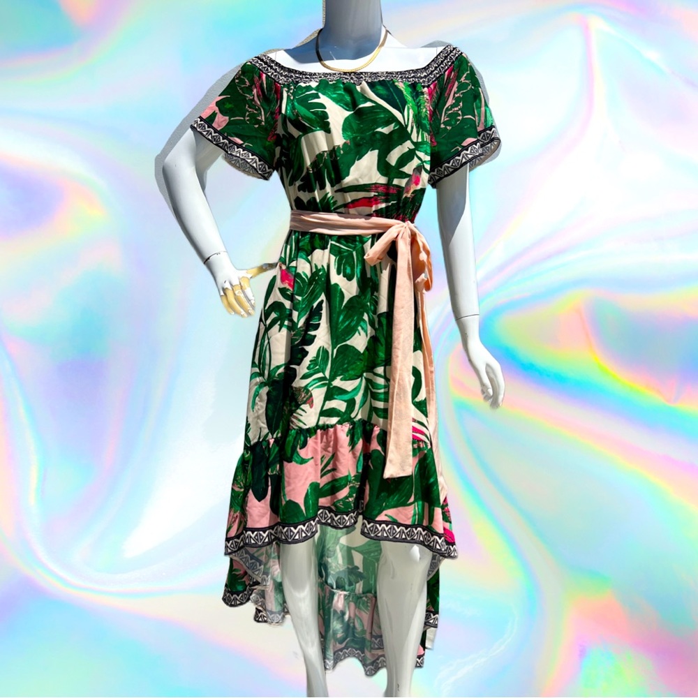 Tropical Leaf And Bird Print High Low Dress